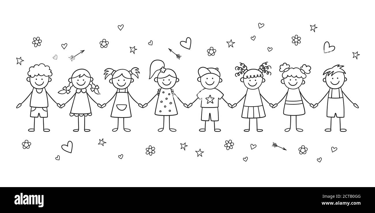 Group of funny kids holding hands. Friendship concept. Happy cute doodle children. Isolated vector illustration Stock Vector