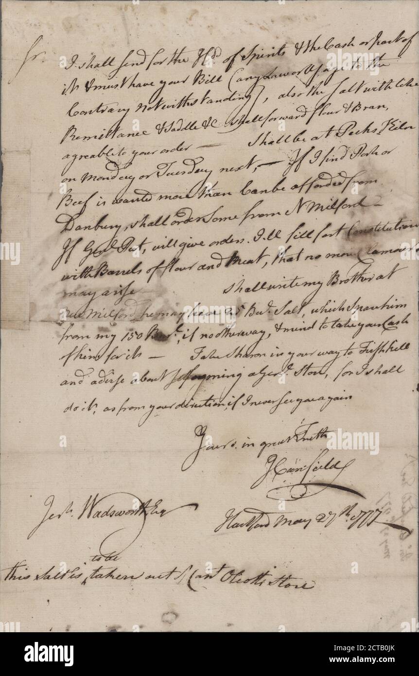 Letter to Jeremiah Wadsworth Commissary General, text, Documents, 1777, Canfield, John Stock Photo