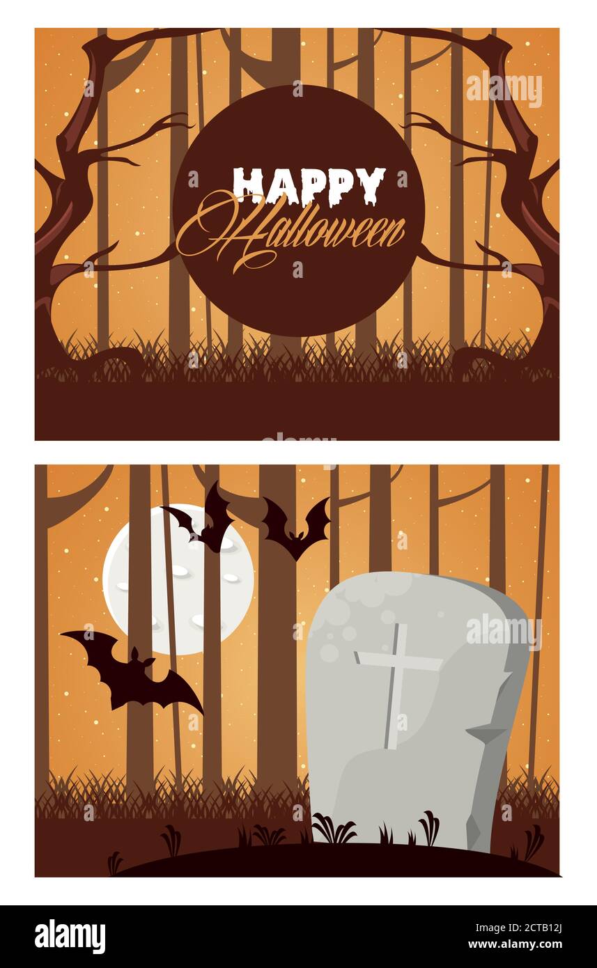 happy halloween celebration card with grave and bats flying vector ...