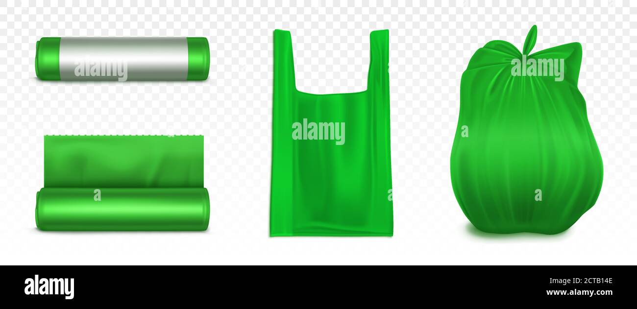 Download Trash Bag Mockup Plastic Roll And Sack Empty Full Of Garbage Green Disposable Package For Rubbish