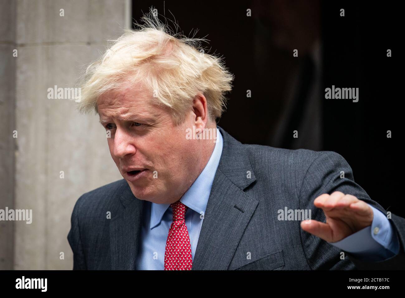 Prime Minister Boris Johnson leaves 10 Downing Street, Westminster, London as he heads to Parliament to appear before MPs to set out steps to tackle a second wave of coronavirus following the stark assessment from Sir Patrick Vallance and England's chief medical officer Professor Chris Whitty. Stock Photo