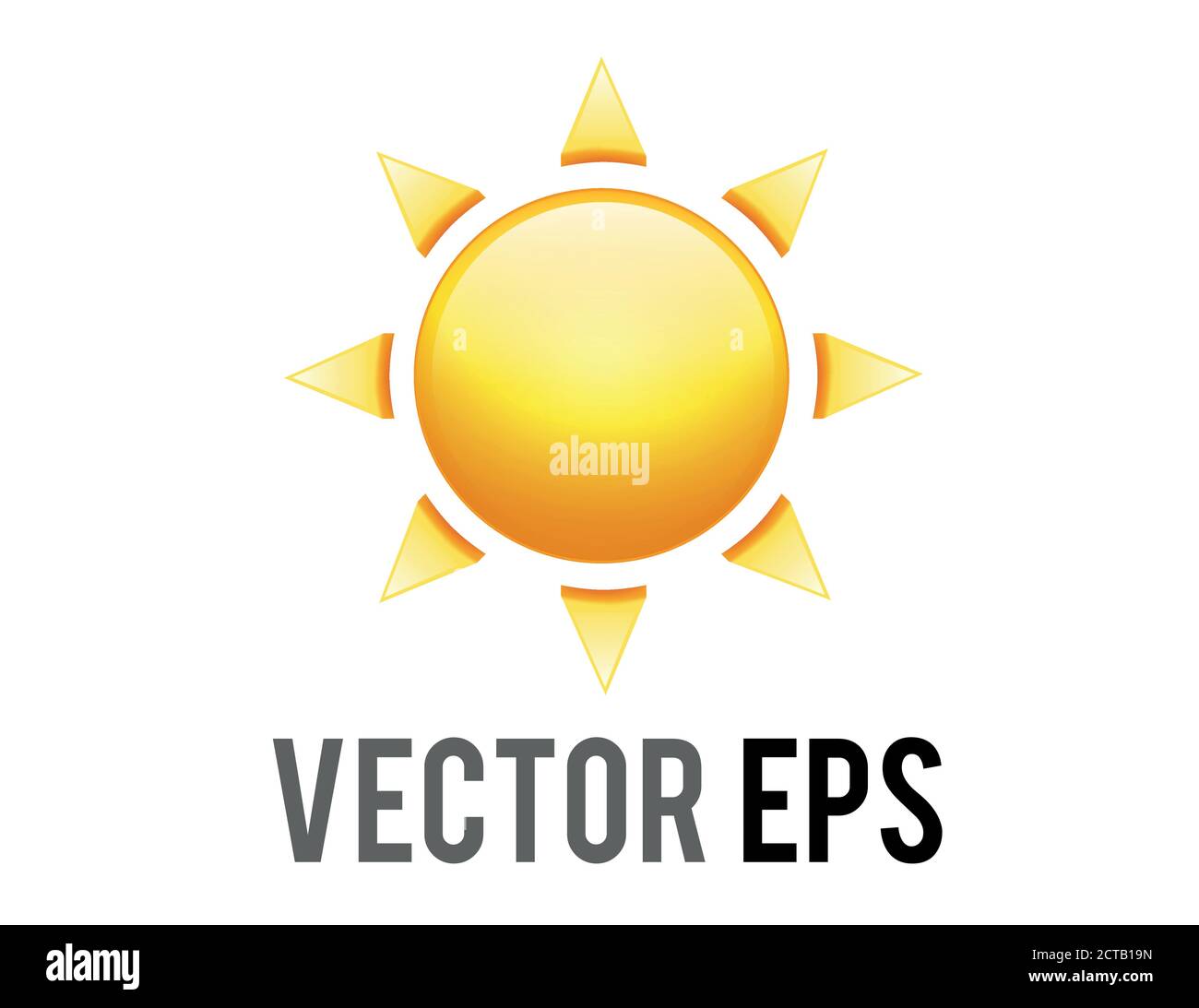 The vector gradient shinny orange sun icon with eight triangular-rays, represent sunny, warm, hot weather, light, heat, energy, life, outer space Stock Vector