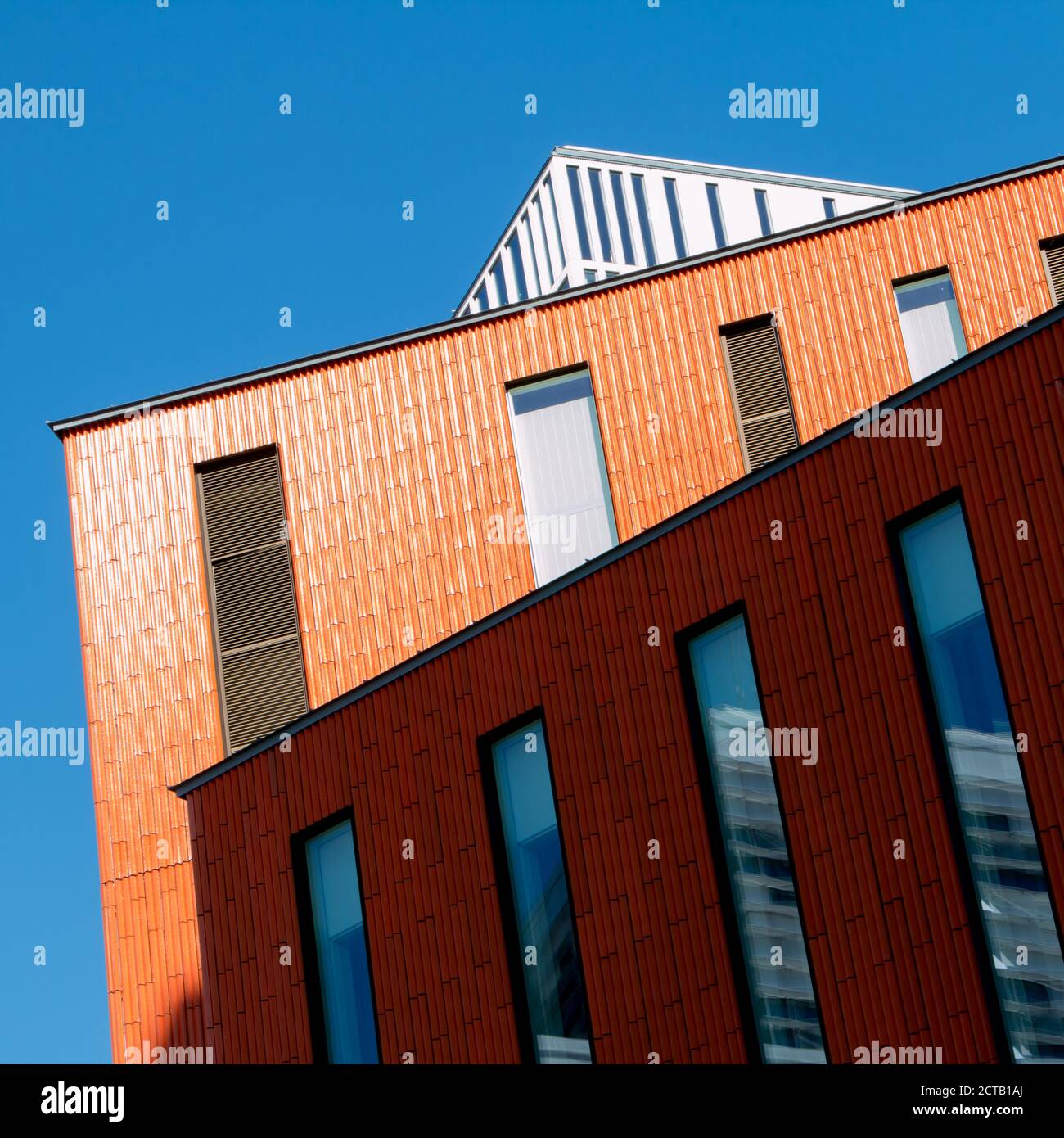 Clarion hotel in the background of the iconic orange cubic buildings that are  a part of Malmö Live in south of Sweden. Stock Photo
