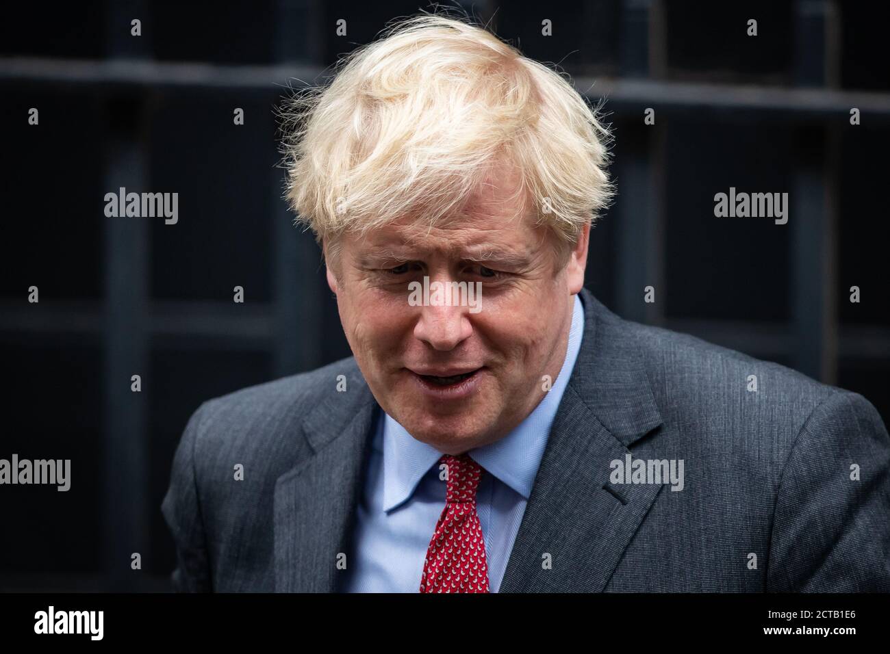 Prime Minister Boris Johnson leaves 10 Downing Street, Westminster, London as he heads to Parliament to appear before MPs to set out steps to tackle a second wave of coronavirus following the stark assessment from Sir Patrick Vallance and England's chief medical officer Professor Chris Whitty. Stock Photo