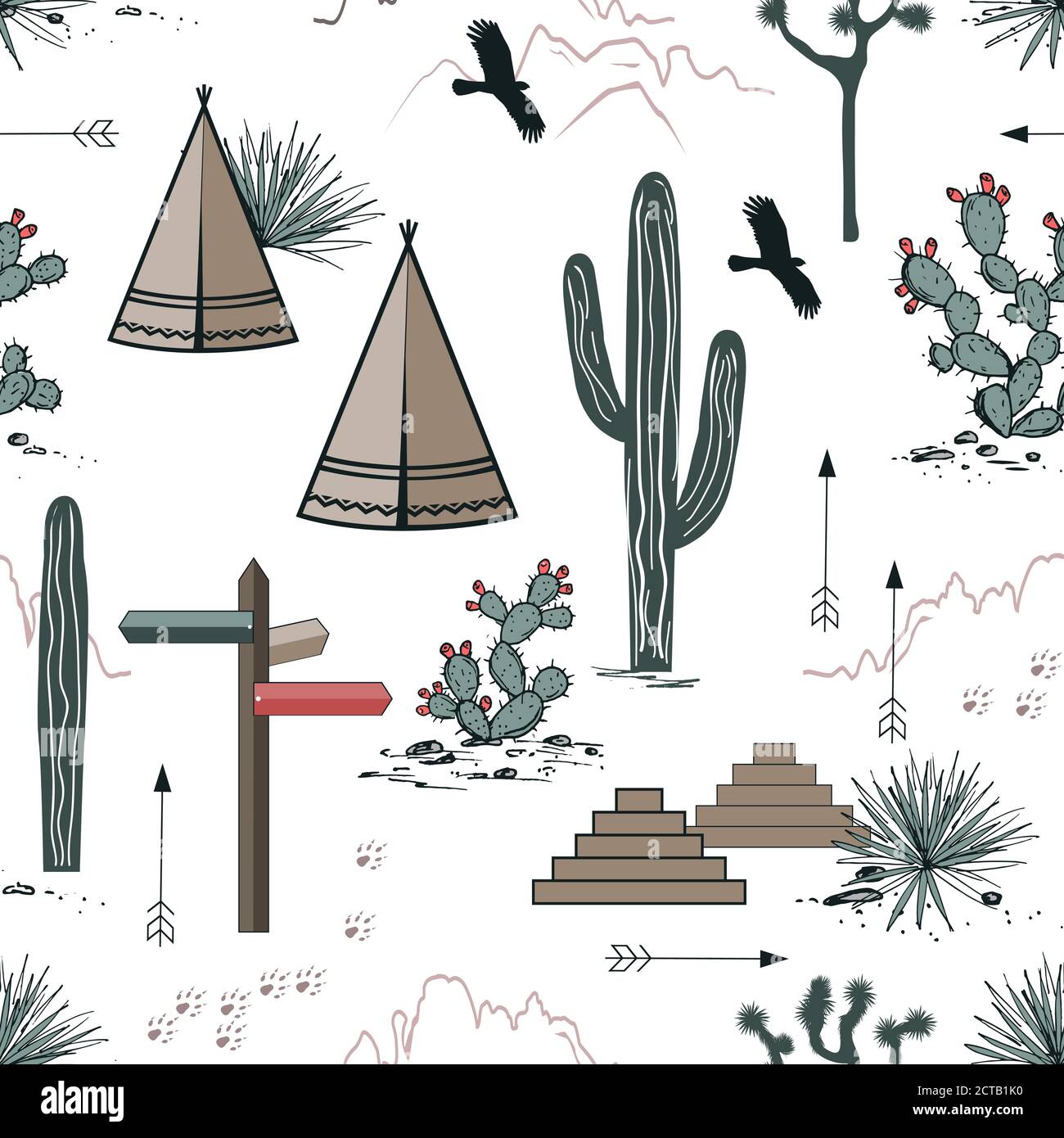 Adventure seamless pattern with wild desert nature, rocks, saguaro, wigwams, and arrows. Vector background design for wallpapers, textile, tapestry Stock Vector