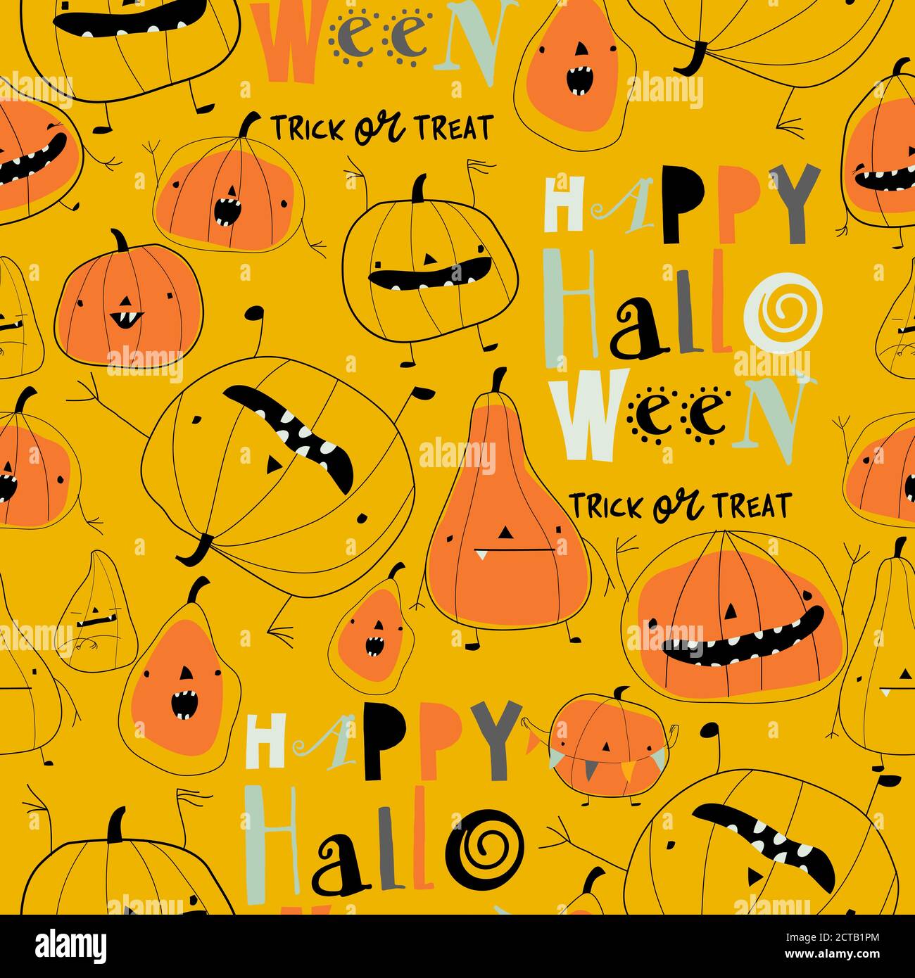 Seamless pattern with cartoon pumpkins on yellow background Stock Vector