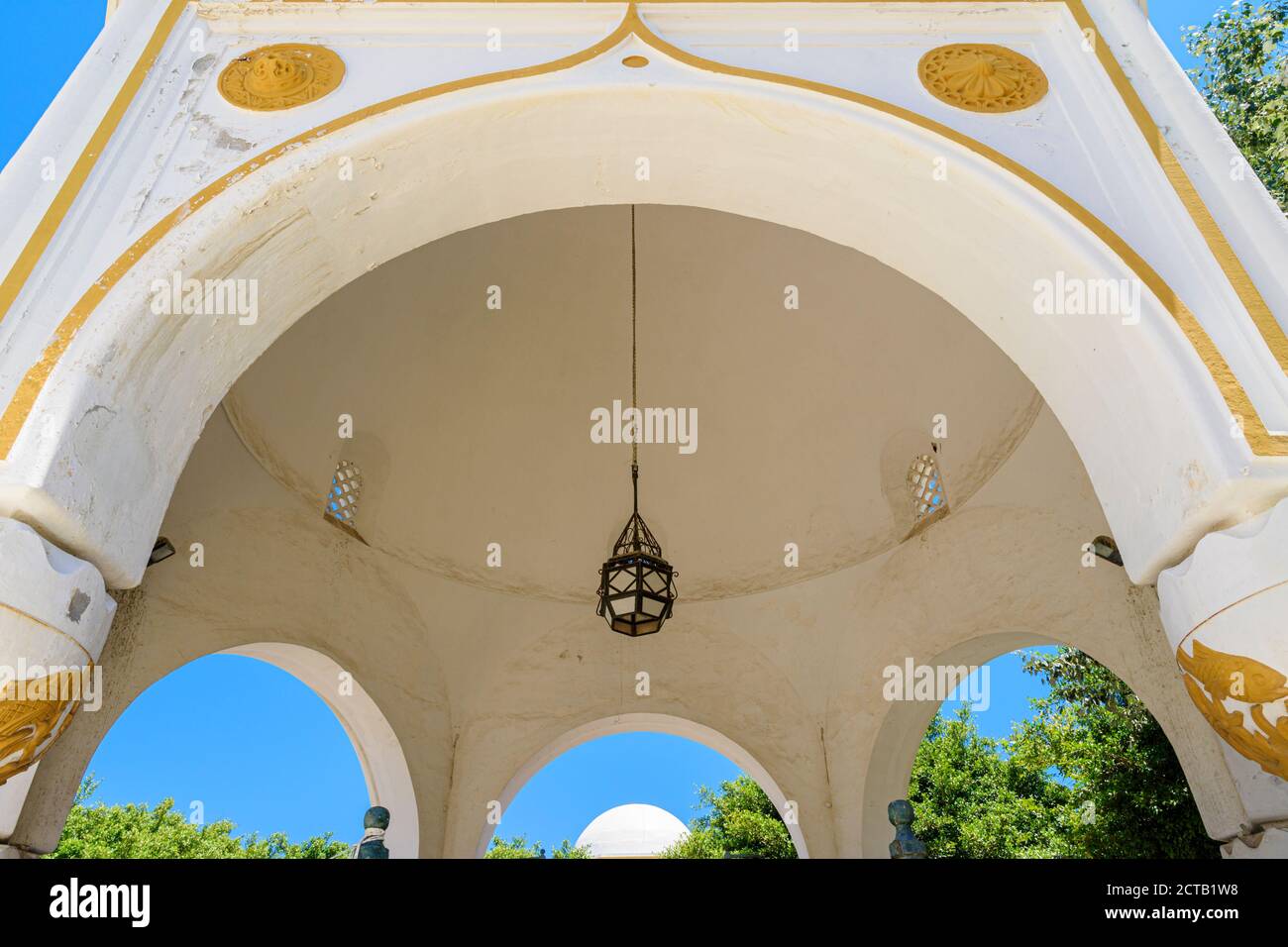 Detail of the central bandstand of the Italian designed Nea Agora, Rhodes Town, Greece Stock Photo