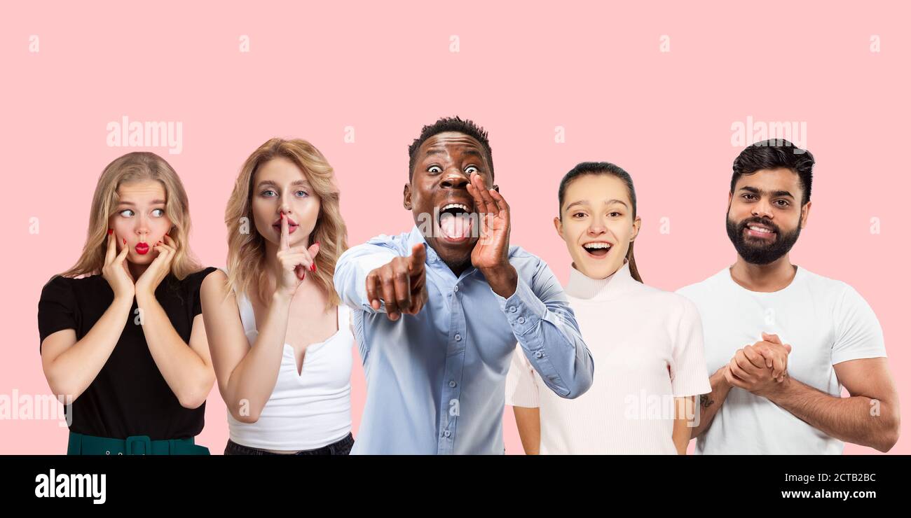 Group portrait of emotional people on coral pink studio background. Flyer, collage made of 5 models. Concept of human emotions, facial expression, sales, ad. Embarrassed smiling, gesturing, shouting. Stock Photo