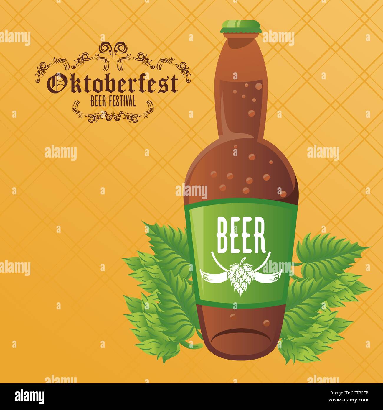 oktoberfest celebration festival poster with beer bottle and leafs ...