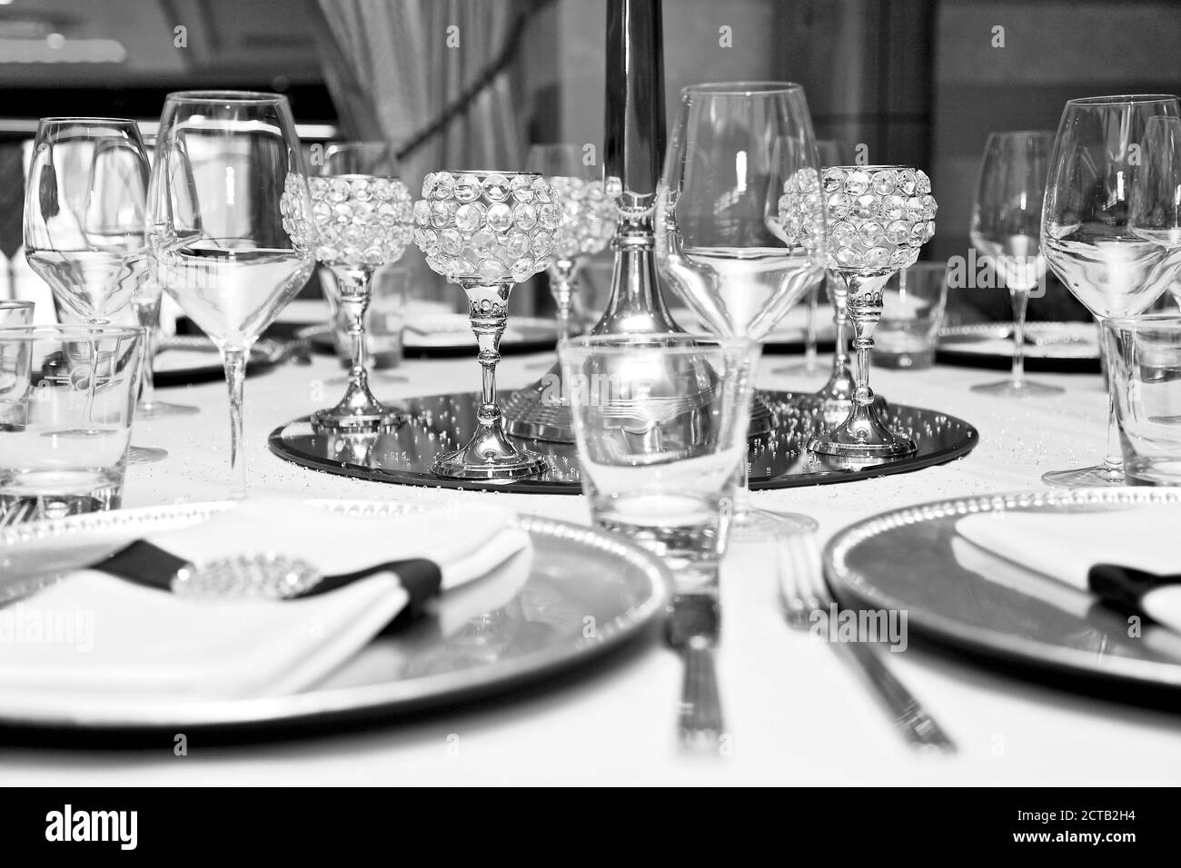 black and white picture of glasses on a table Stock Photo Alamy