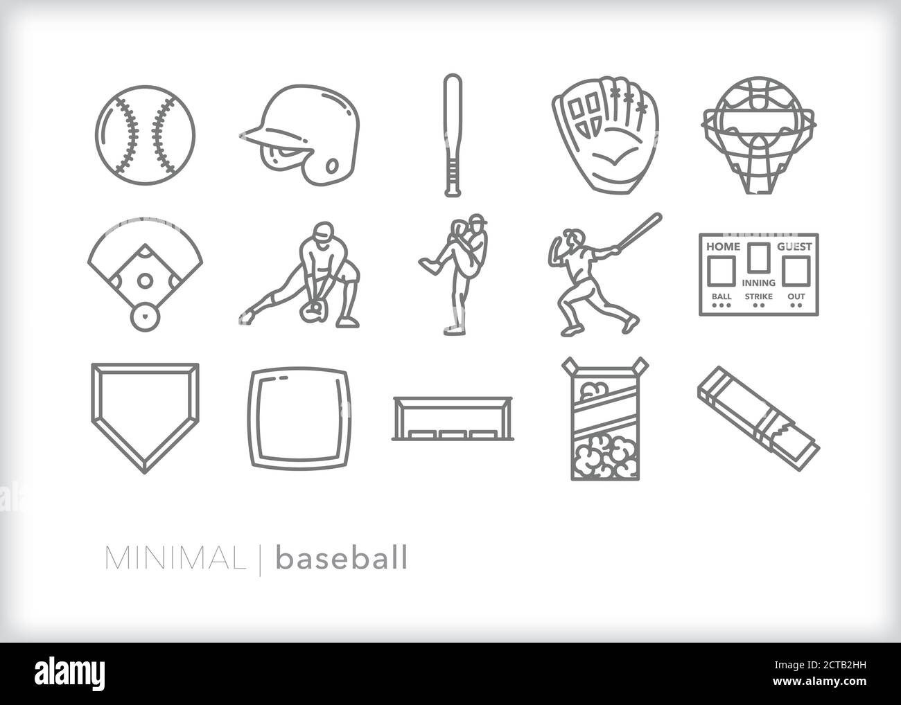 Set of baseball game line icons including sports equipment, player positions and fan refreshments Stock Vector