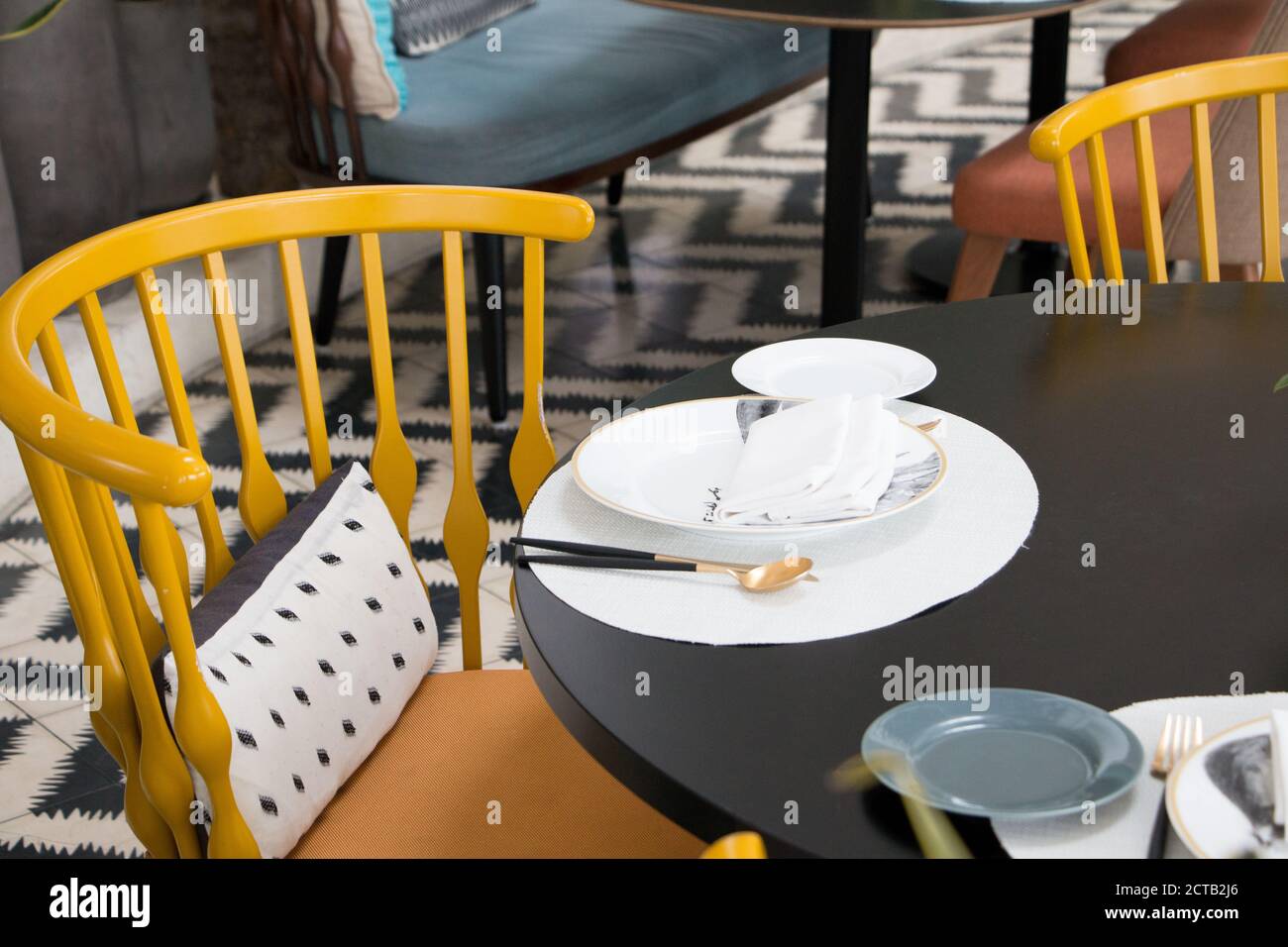 Inetrior photo of table and chairs from a luxourious restaurant serving tradtitional Kuwaiti food. Stock Photo