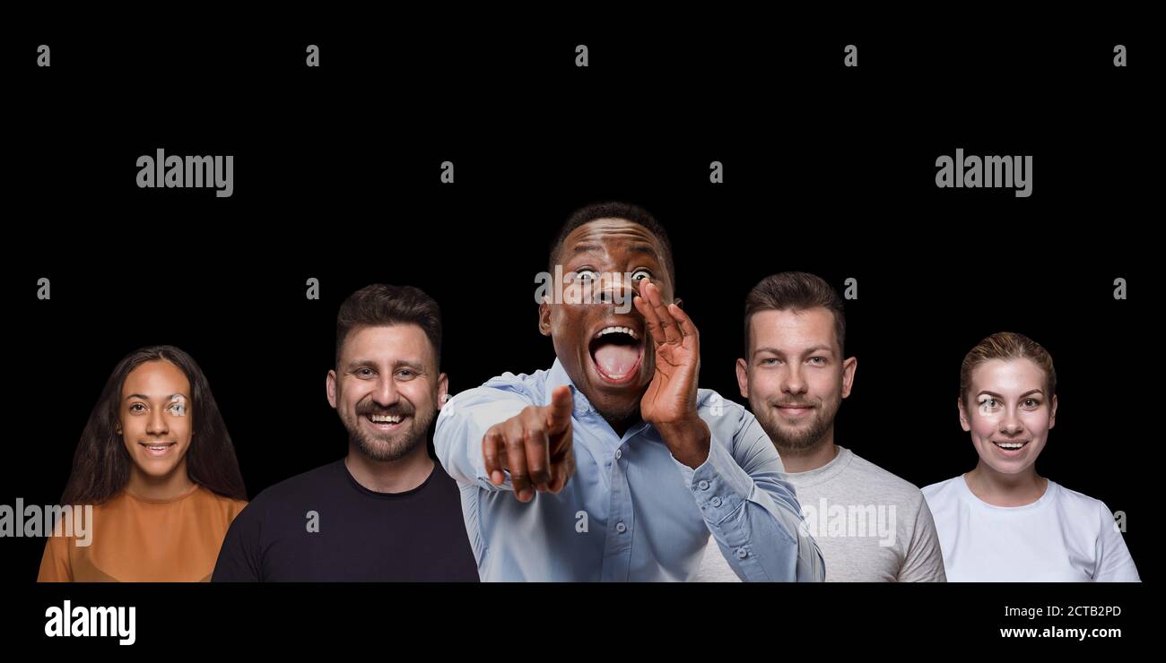 Group portrait of emotional people on black studio background. Flyer, collage made of 5 models. Concept of human emotions, facial expression, sales, ad. Embarrassed smiling, gesturing, shouting. Stock Photo