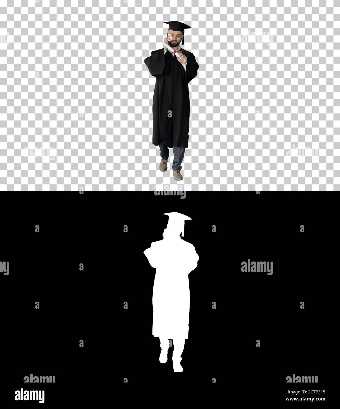 Graduating student walking and making a call, Alpha Channel with Stock Photo