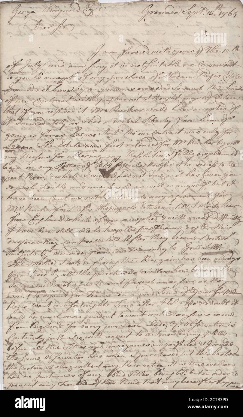John Harvey to Sir George Amyand Baronet, text, Correspondence, 1764 - 1764 Stock Photo