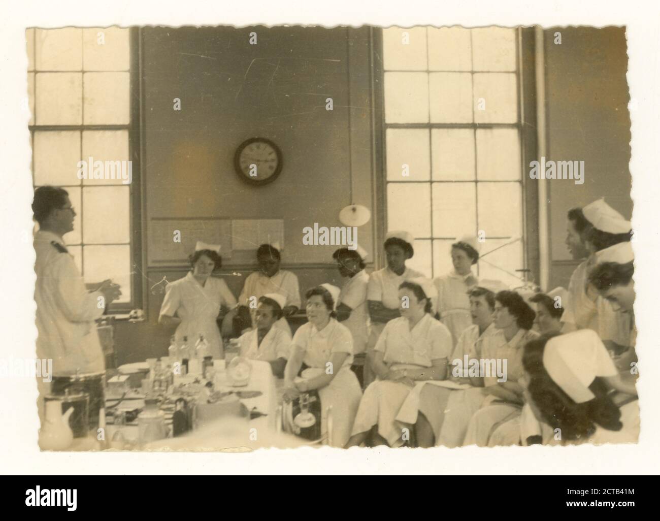 1950's era photographs of nurses in lecture room at a hospital, U.K. circa 1955. Stock Photo