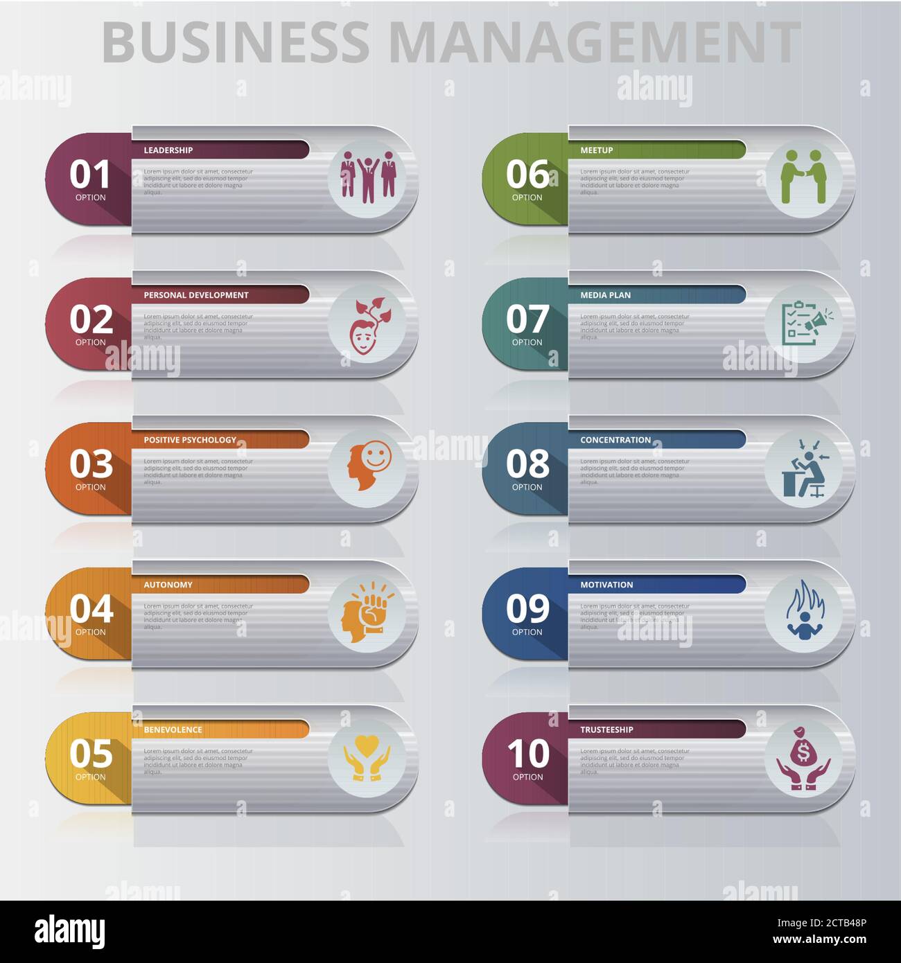 Infographic Business Management template. Icons in different colors ...