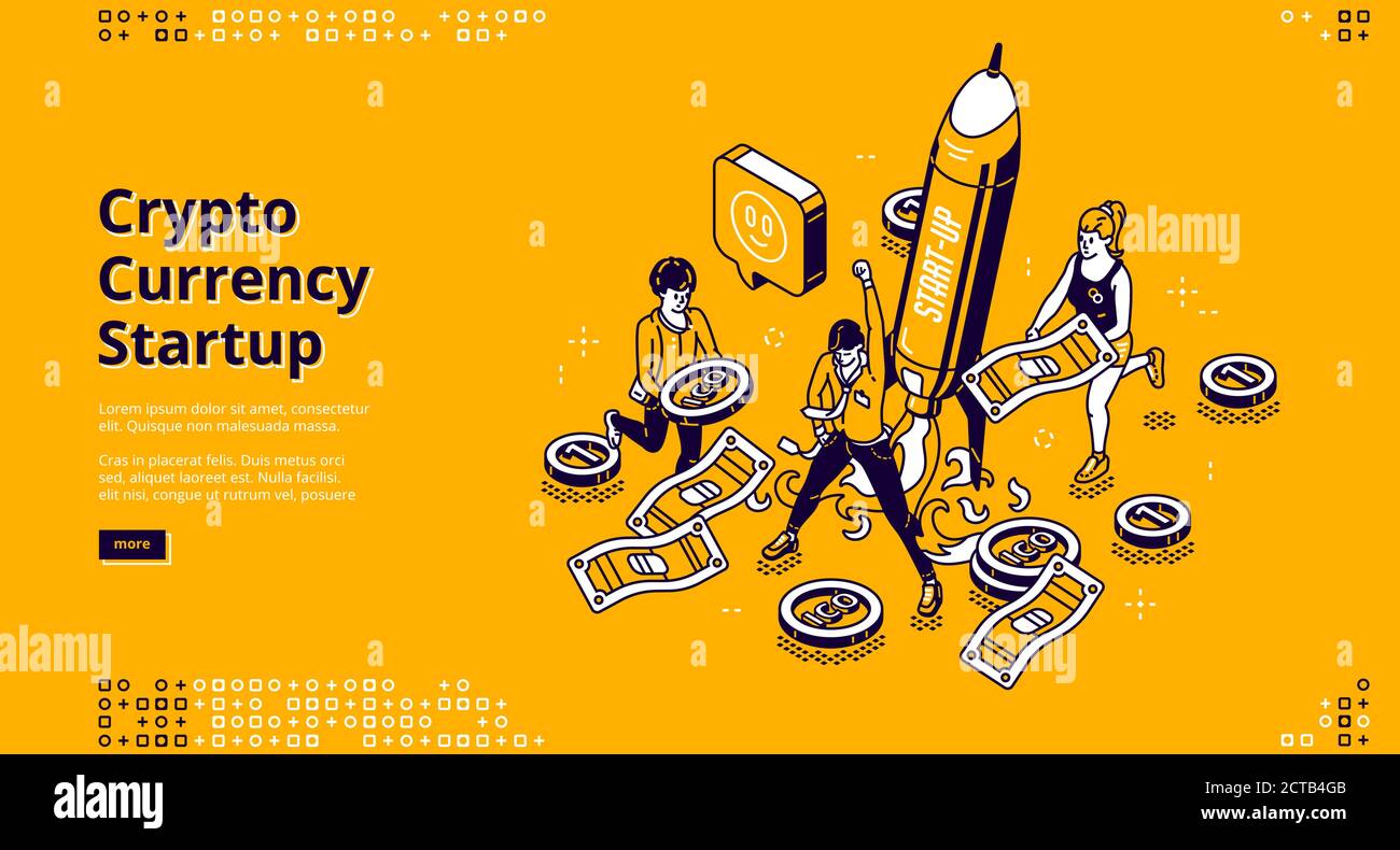 Crypto currency startup banner. Concept of launch and management business  project with blockchain and digital money. Vector landing page with  isometric people, coins and flying up rocket Stock Vector Image & Art -