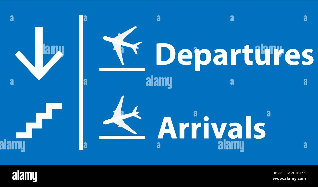 Information panel on the direction of arrivals and departures and stairs at the airport Stock Vector