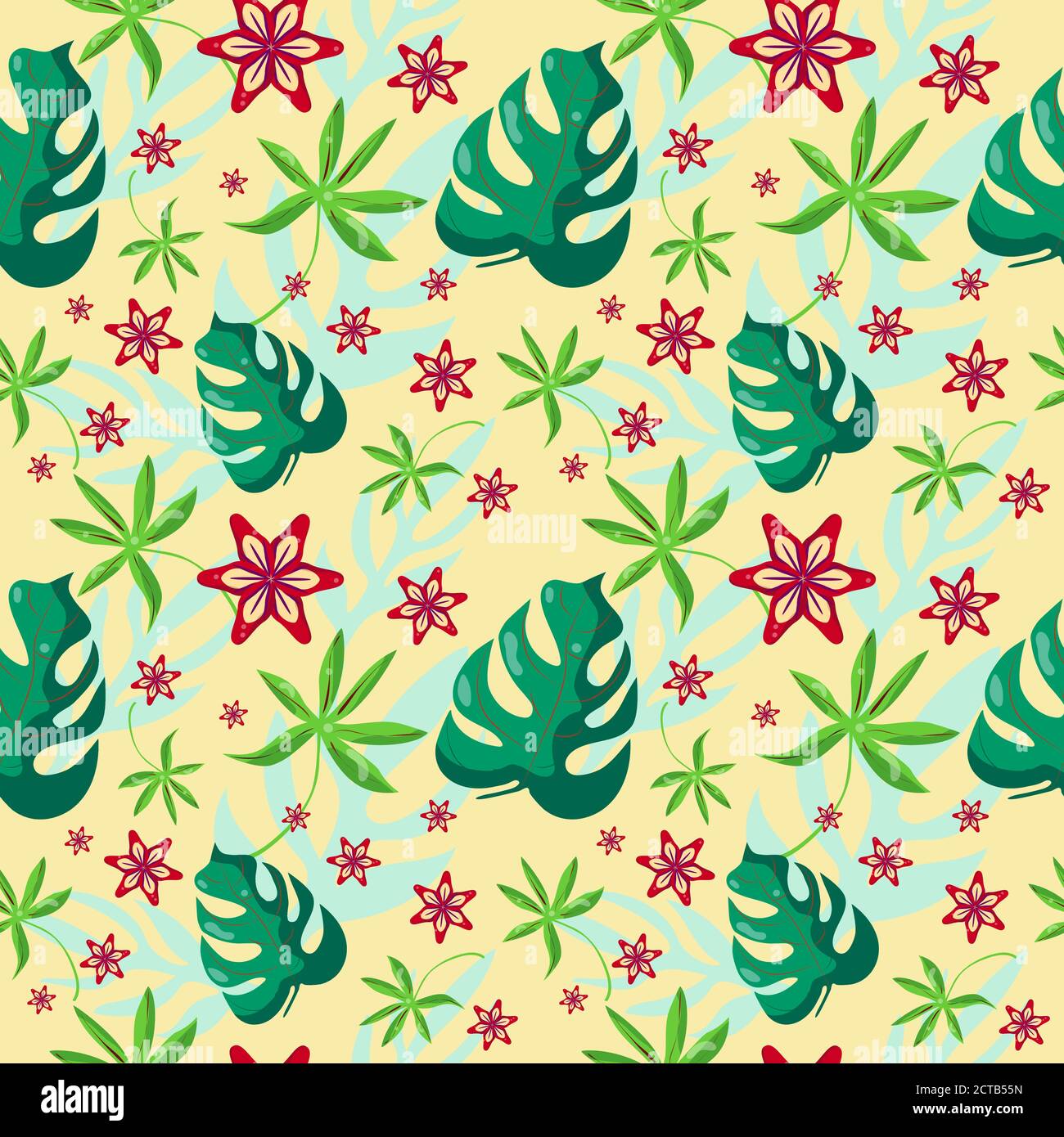 Seamless editable pattern, FLORAL tropical design, hand drawn leaves, yellow background for example. Isolated elements. VECTOR Stock Vector