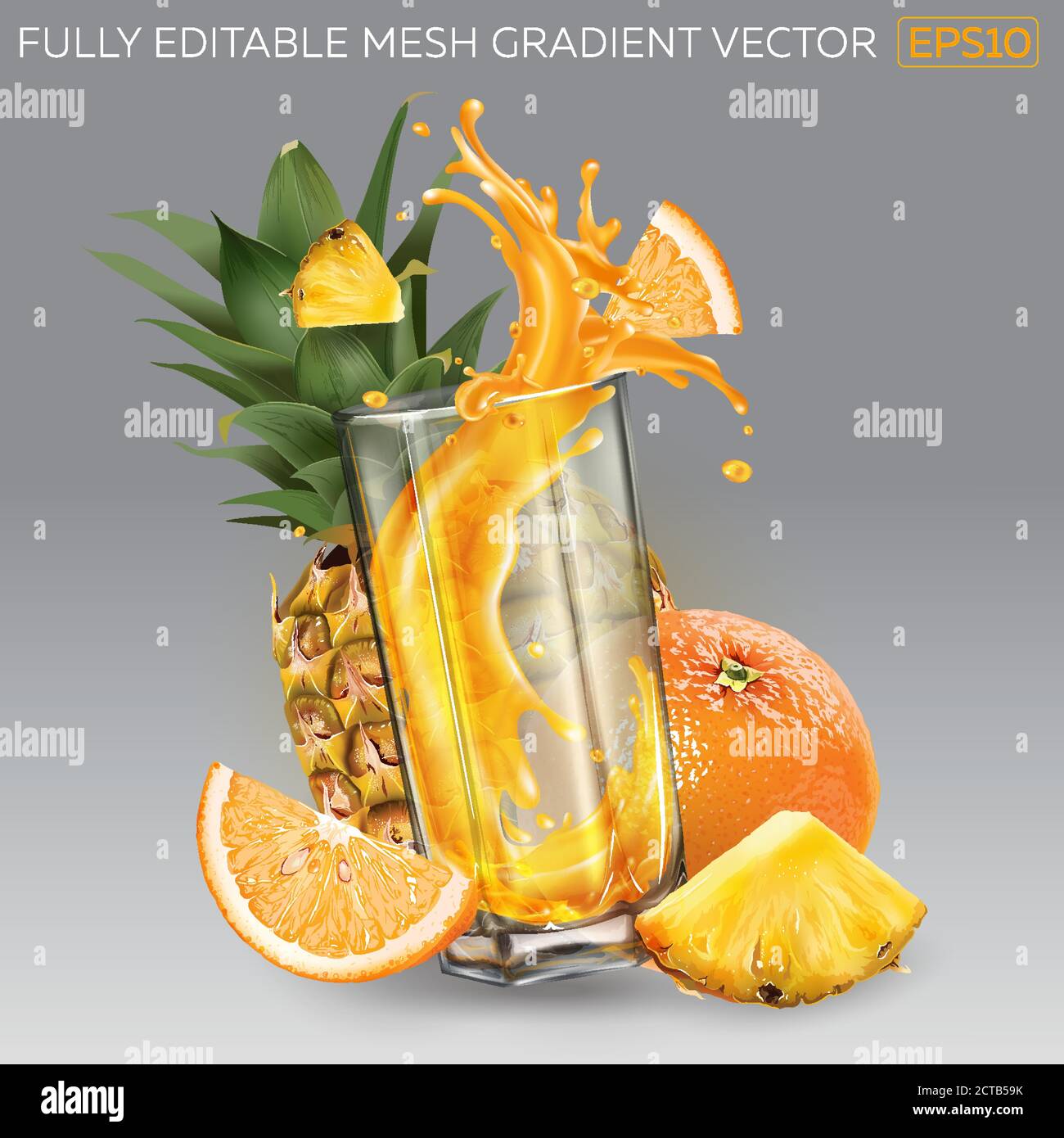 Splash of fruit juice in a glass, whole and sliced pineapple and orange ...