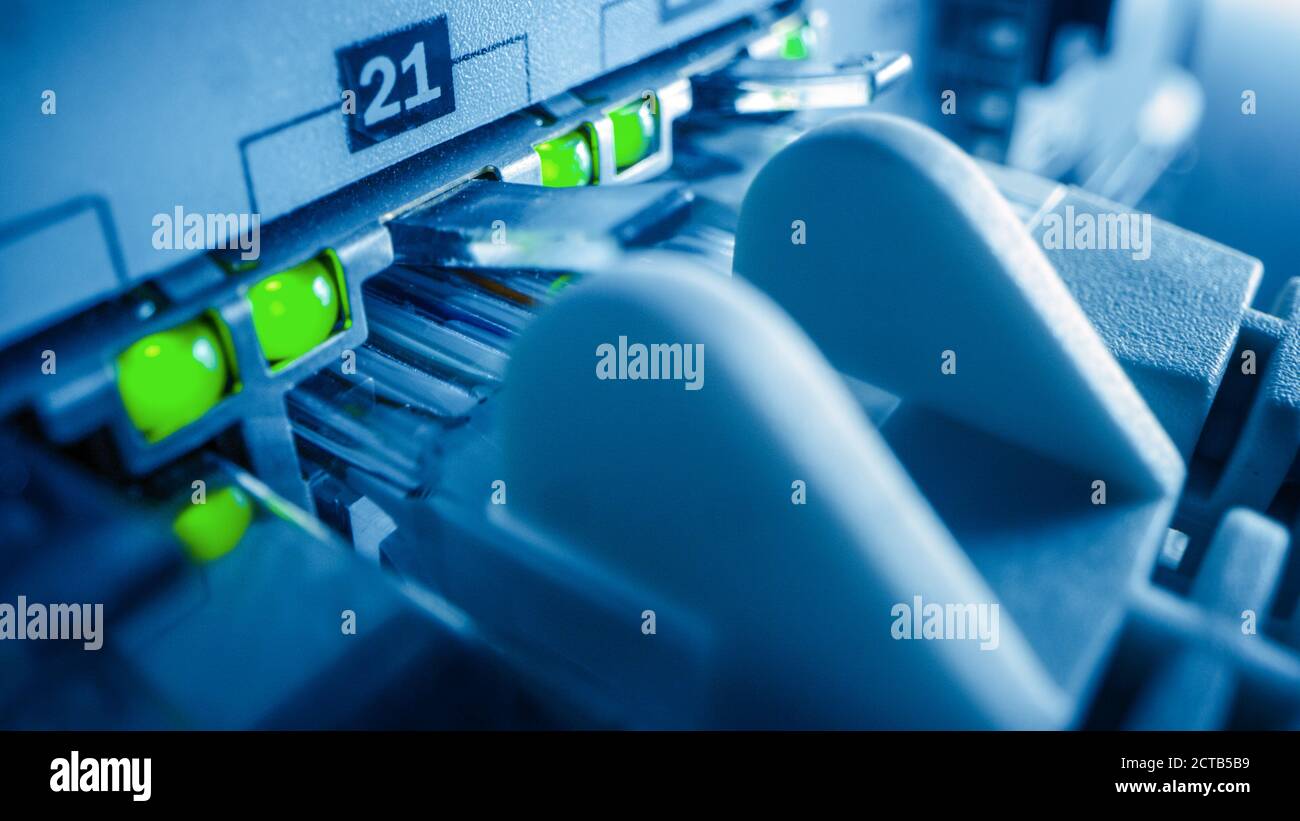 Macro Shot: Ethernet Data Cables Connected to Router Ports with Blinking  Lights. Information Technology with RJ45 Internet Connectors Plugged into  Mod Stock Photo - Alamy