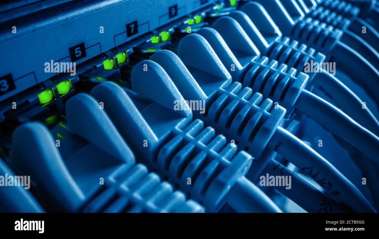 Macro Shot Data Center Cables Connected to Router Ports with