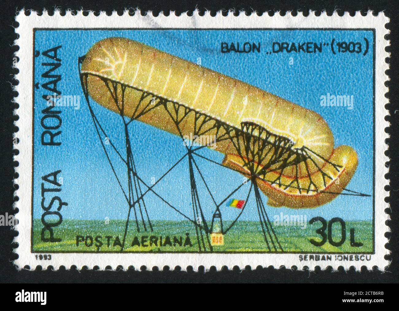 ROMANIA - CIRCA 1993: stamp printed by Romania, shows German balloon, Draken, circa 1993 Stock Photo
