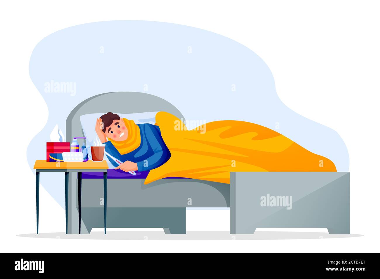 Flu sick young man lying in bed under blanket. Boy have autumn or winter seasonal cold respiratory infection disease. Vector flat cartoon characters i Stock Vector