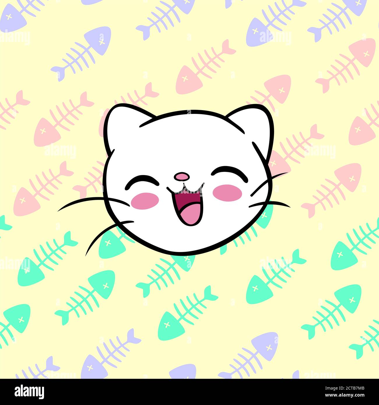 Seamless pattern with cartoon white kitten and fish. Vector illustration Stock Vector