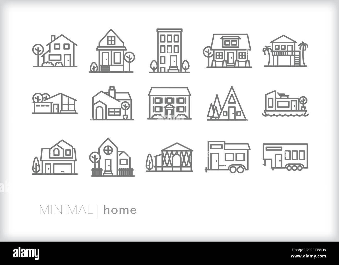 Set of house line icons of different architecture types of single family homes Stock Vector