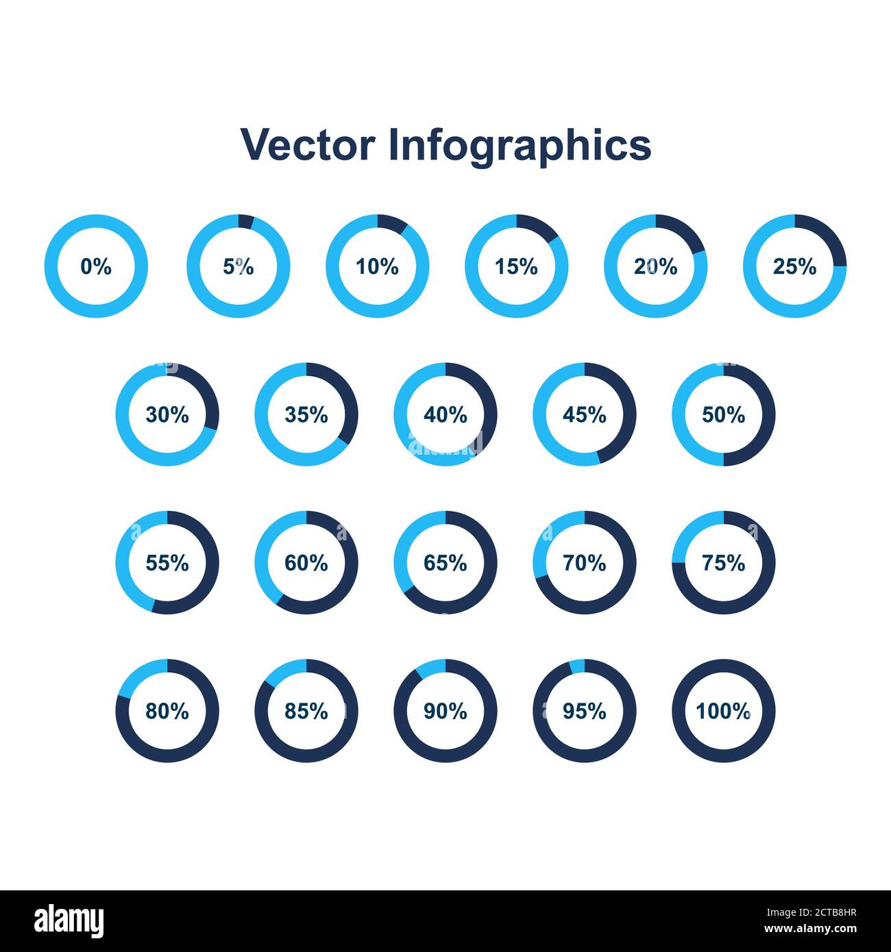 Set of pie chart infographic elements. 0, 5, 10, 15, 20, 25, 30, 35, 40, 45, 50, 55, 60, 65, 70, 75, 80, 85, 90, 95, 100 percents . Stock Vector