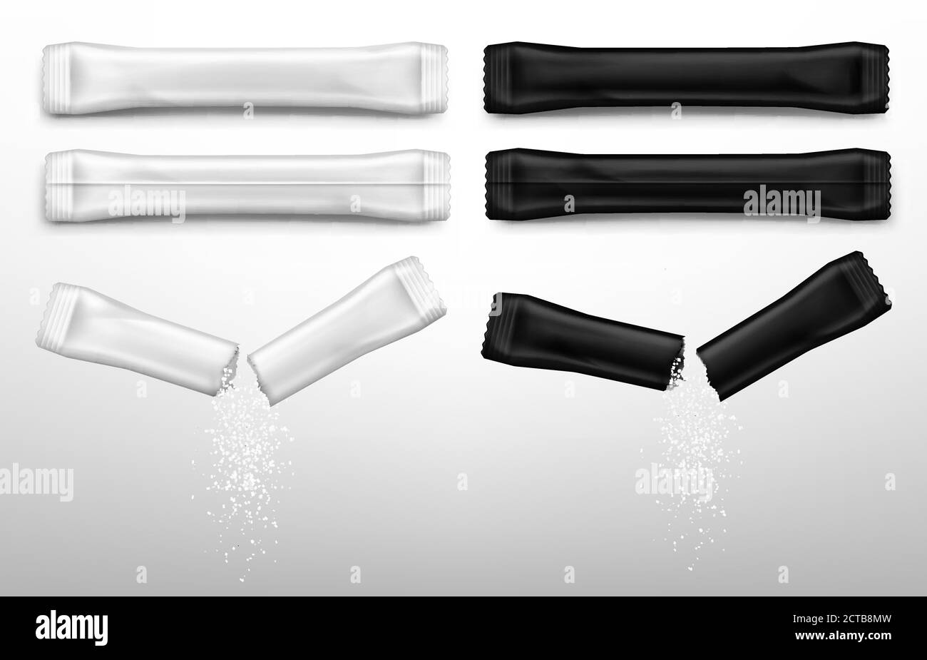 Sugar sticks for coffee in white and black packs. Vector realistic mockup of blank paper sachet with sugar or salt front and back view. Torn packet with falling white granules Stock Vector