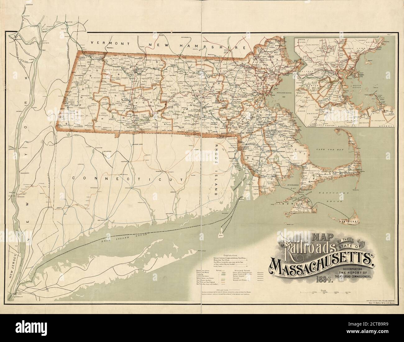 Map of the railroads of the state of Massachusetts, cartographic, Maps, 1894, Massachusetts