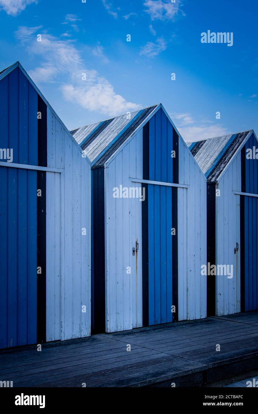 Wooden huts on Yport beach in Normandy, France Stock Photo