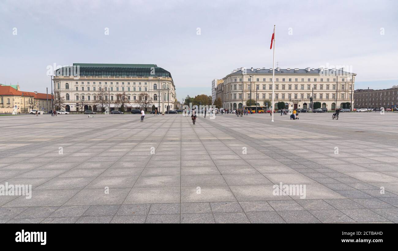 Warsaw, Poland - October 19, 2019: Tourists visit Pilsudski square in Warsaw downtown Stock Photo