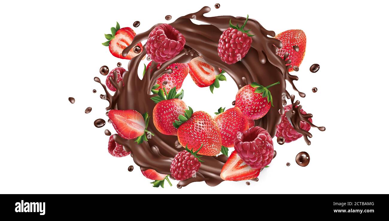 Fresh strawberries and raspberries in a chocolate splash Stock Vector ...