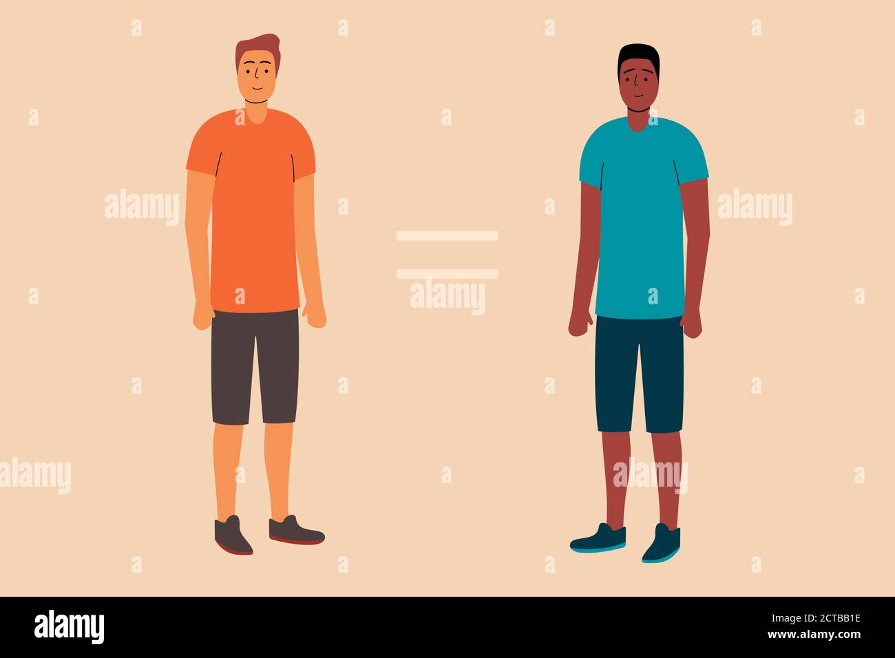 Racial equality concept illustration. One African American man near one white skin Caucasian man, equal sign between them. Flat design. Stock Photo