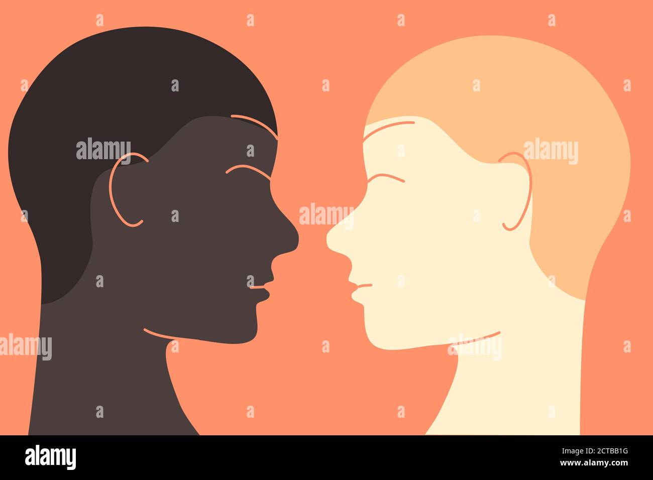 Racial equality concept illustration. One African American ethnicity person looking and smiling to a White Caucasian ethnicity person. Flat design. Stock Photo