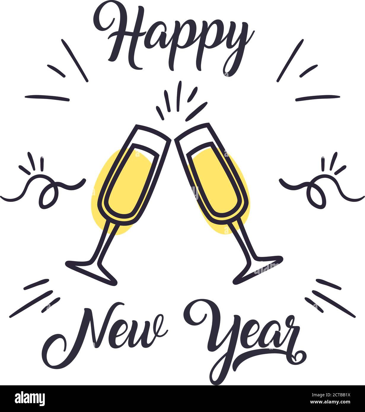 Happy new year with champagne cups free form style icon design, Welcome ...