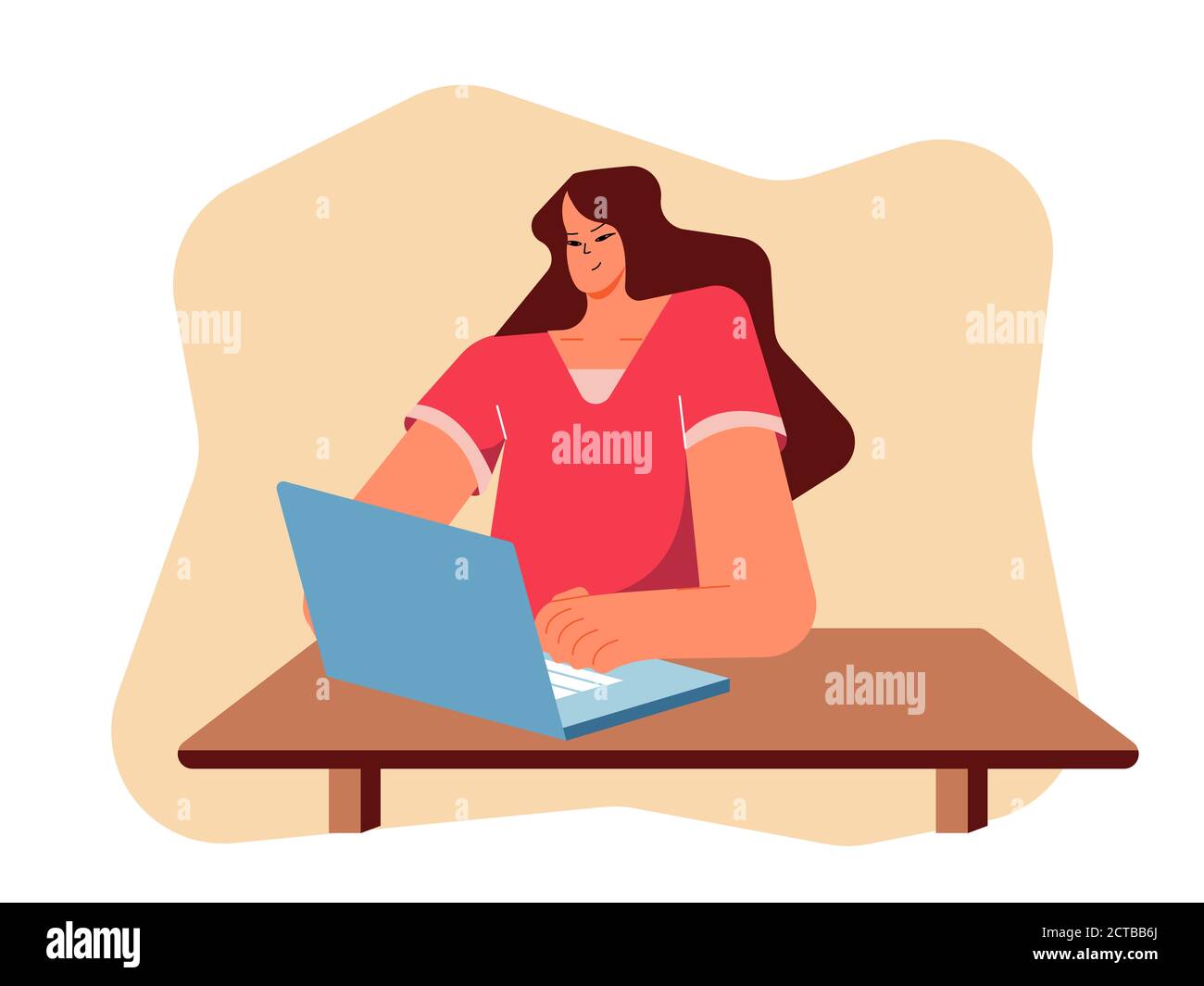 Trendy female abstract character sitting at a table in front of a computer. Stock Photo