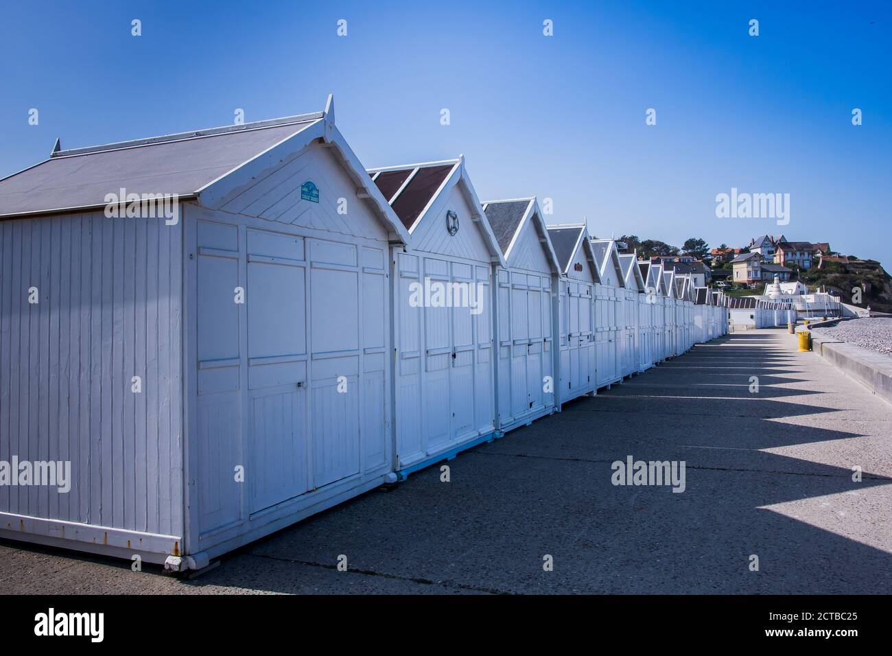 Wooden huts on the beach in Normandy, France Stock Photo