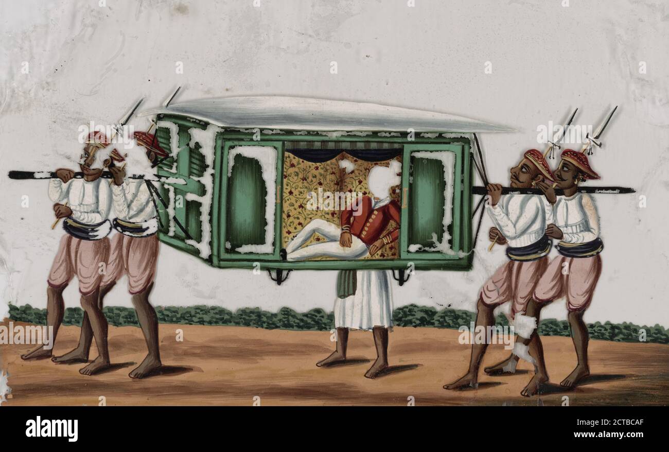 Aristocrat in green palanquin, accompanied by four bearers and a servant, still image, Drawings, 1780 - 1858 Stock Photo