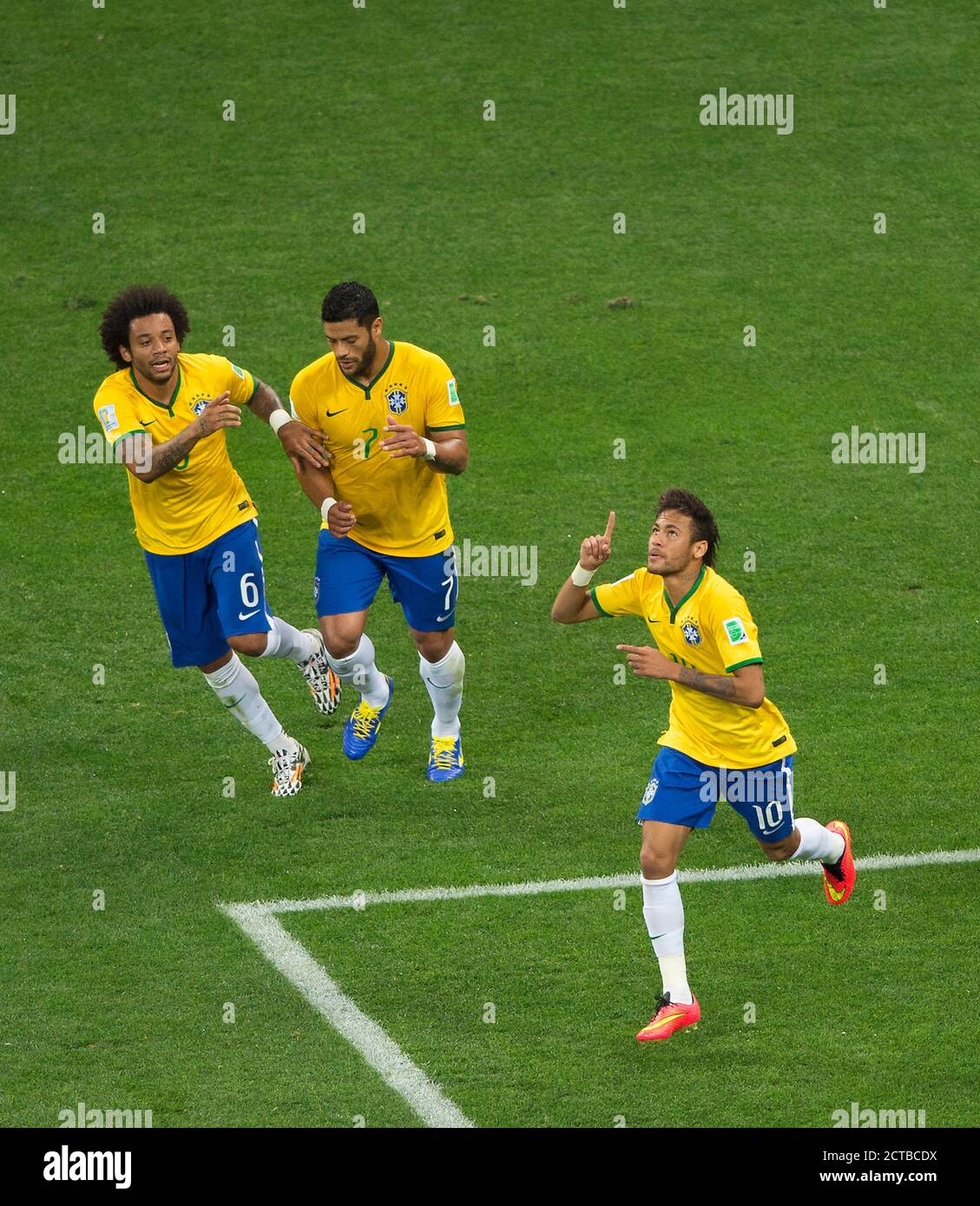 Neymar celebrates scoring his equaliser for Brazil 1-1 Brazil v Croatia -Brazil World Cup 2014.   Picture : Mark Pain / Alamy  12/6/2014 Stock Photo