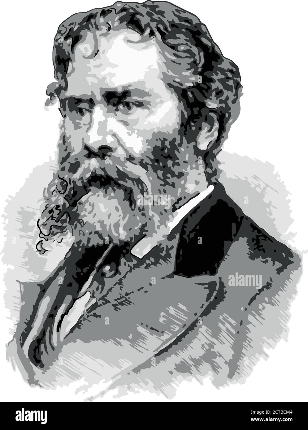 Vector portrait of James Russell Lowell James Russell Lowell (1819 – 1891) was an American Romantic poet, critic, editor, and diplomat. He is associat Stock Vector