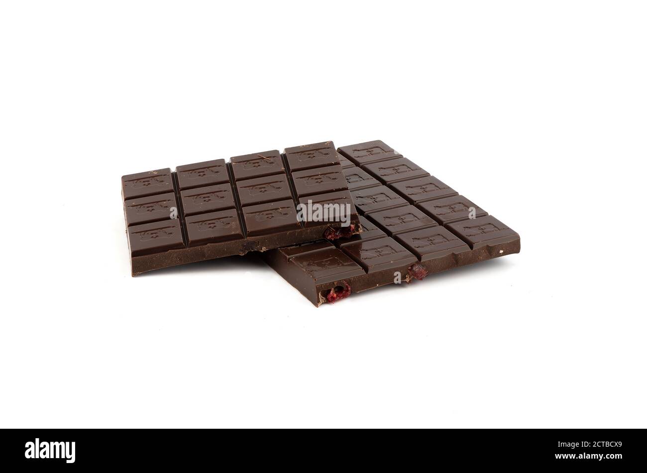 Moscow, Russia, September 22, 2020: A bar of Bucheron bitter dark Swiss chocolate broken in two. Stock Photo