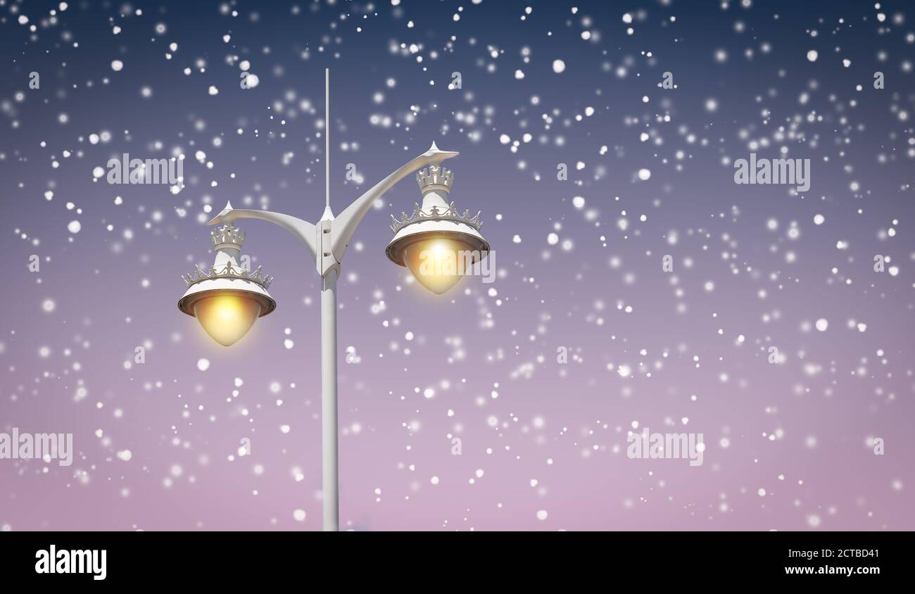 Luminous street lantern with snowflakes background. Stock Photo
