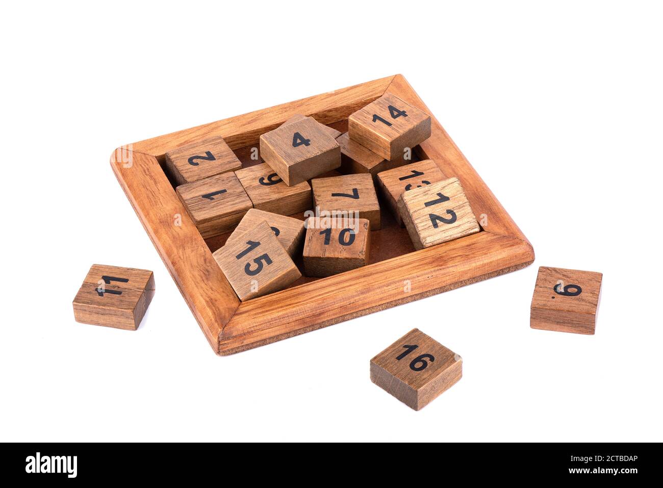 Board and cubes puzzle Game 15 over white background. Stock Photo