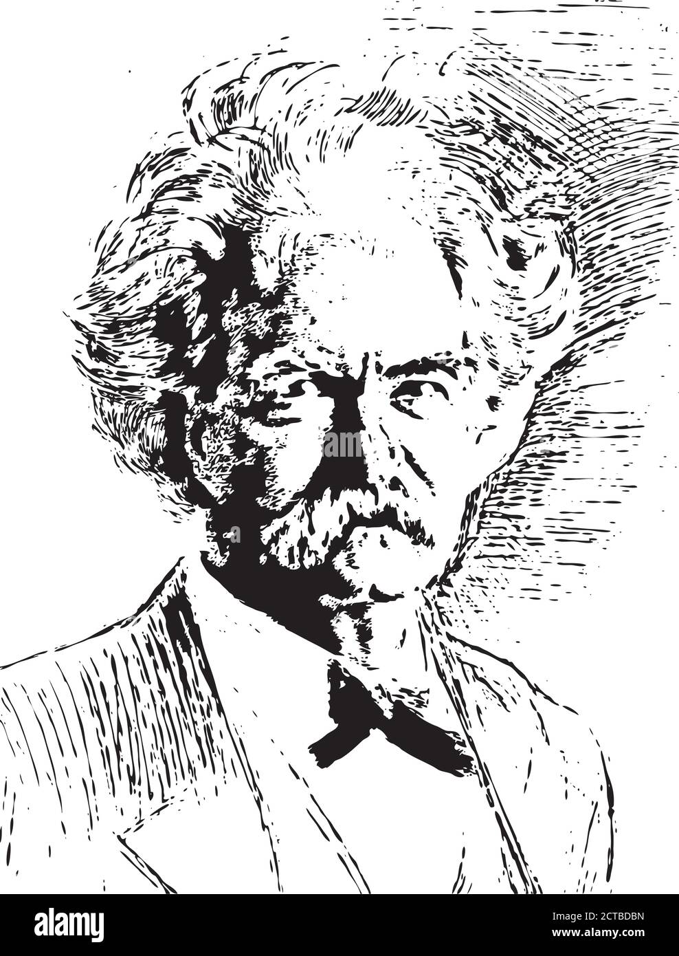 Vector portrait of Mark Twain Samuel Langhorne Clemens (1835 – 1910), known by his pen name Mark Twain, was an American writer, humorist, entrepreneur Stock Vector
