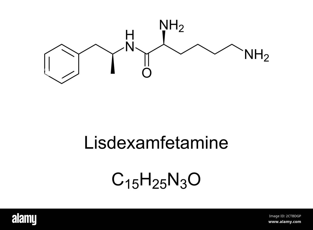 Lisdexamfetamine, chemical structure. A medication and derivative of amphetamine. A central nervous system stimulant, used in the treatment of ADHD. Stock Photo